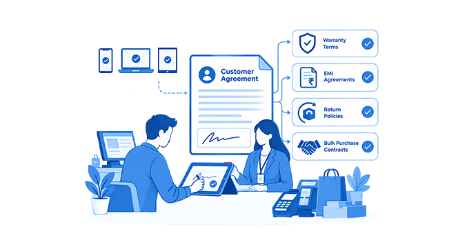 Customer signing a warranty or EMI agreement at the point of sale
